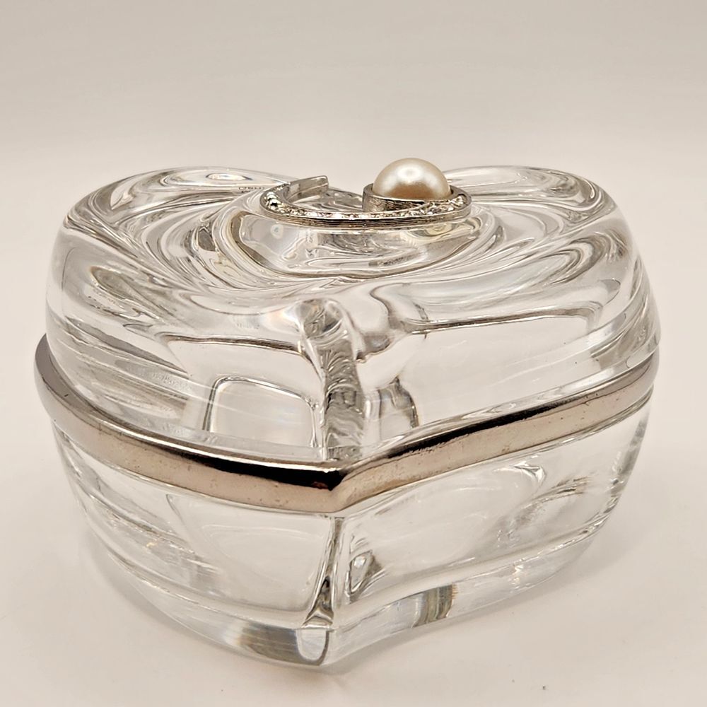 LENOX Crystal Heart Trinket Box & Lid  Silver Accent Pearl Inlay Made in Germany